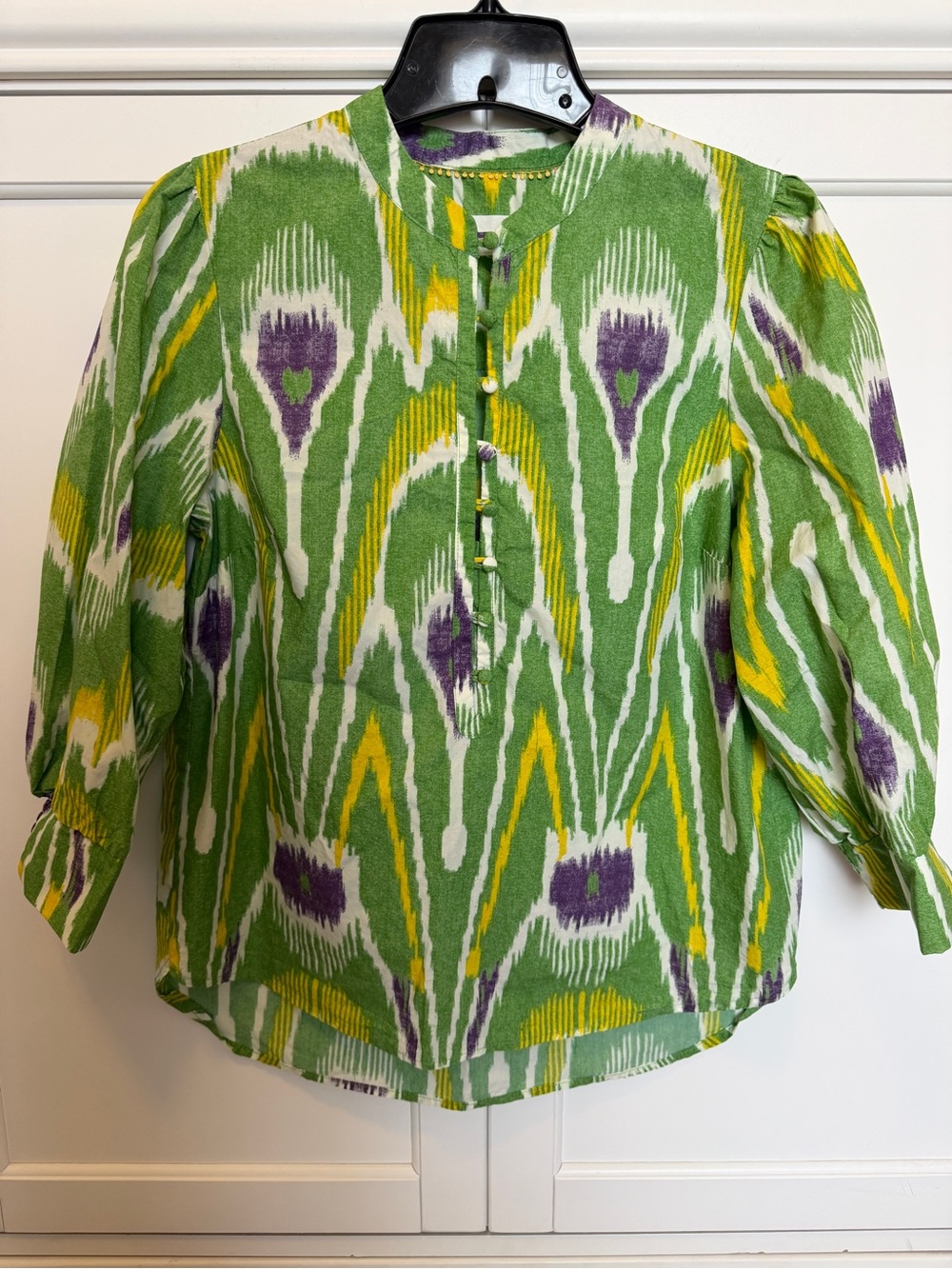 Anthropologie Green Ikat-Print Button Front Blouse
